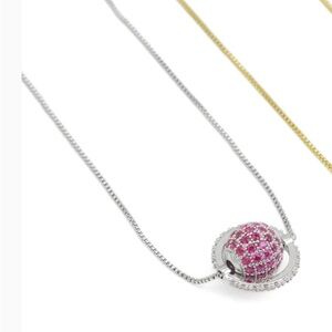 Pink Gemstone Silver Necklace with Pavé Pendant